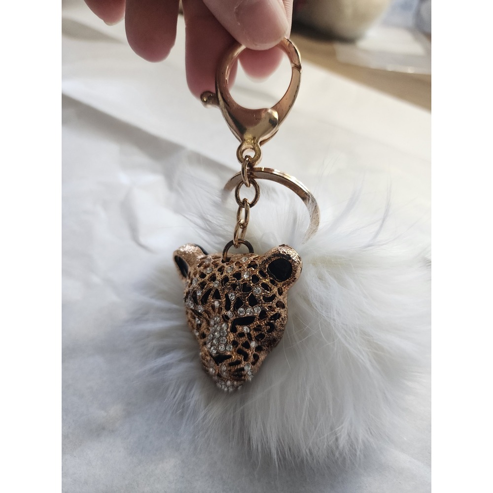 Rhinestone Leopard Head Keychain with White Faux Fur Pom Pom Rose Gold Tone